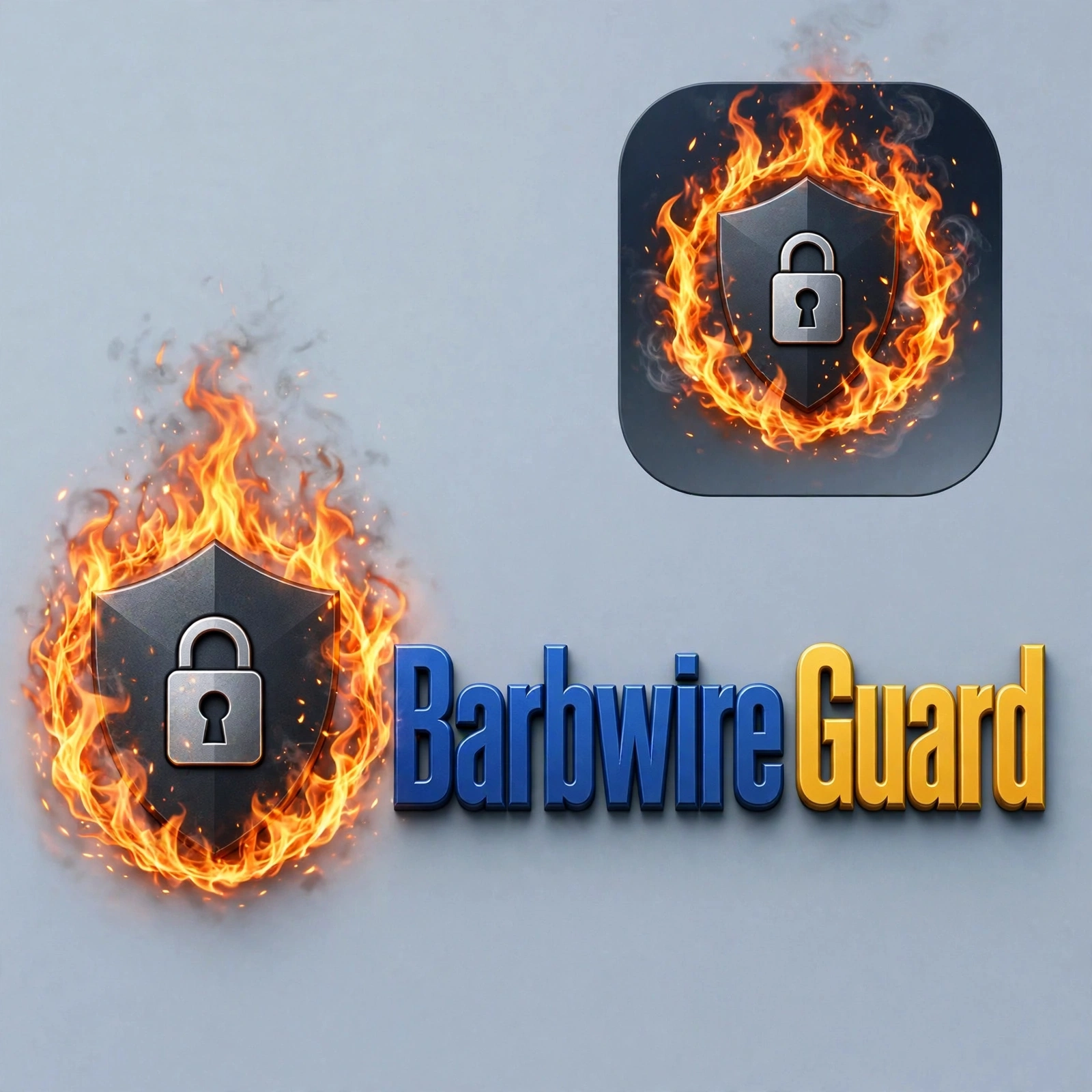 Barbwire Guard logo — a shield and padlock ringed by a barbed-wire wreath of fire
